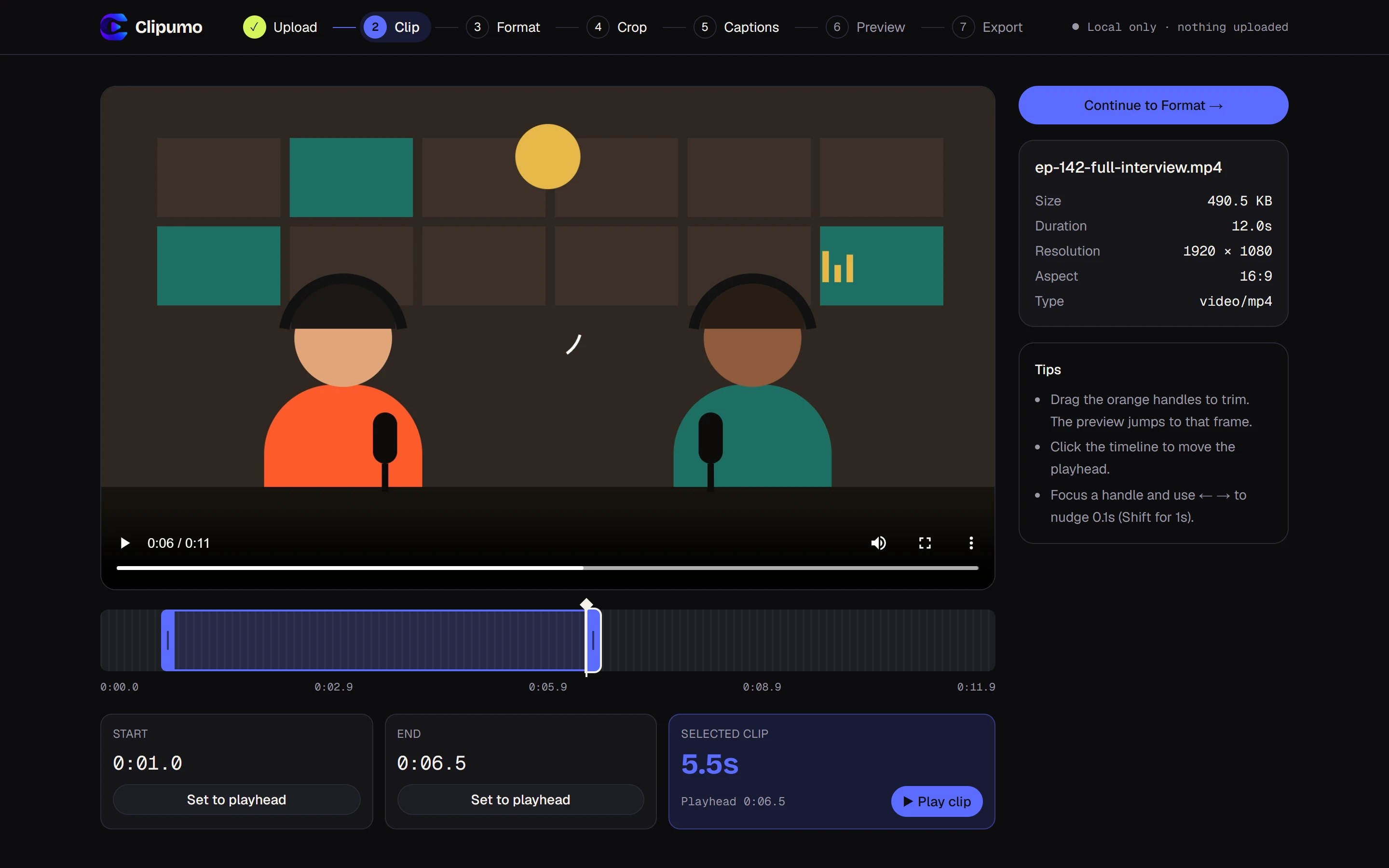 Clip step: timeline with orange in and out handles, start 0:01.0, end 0:06.5, selected clip 5.5 seconds.