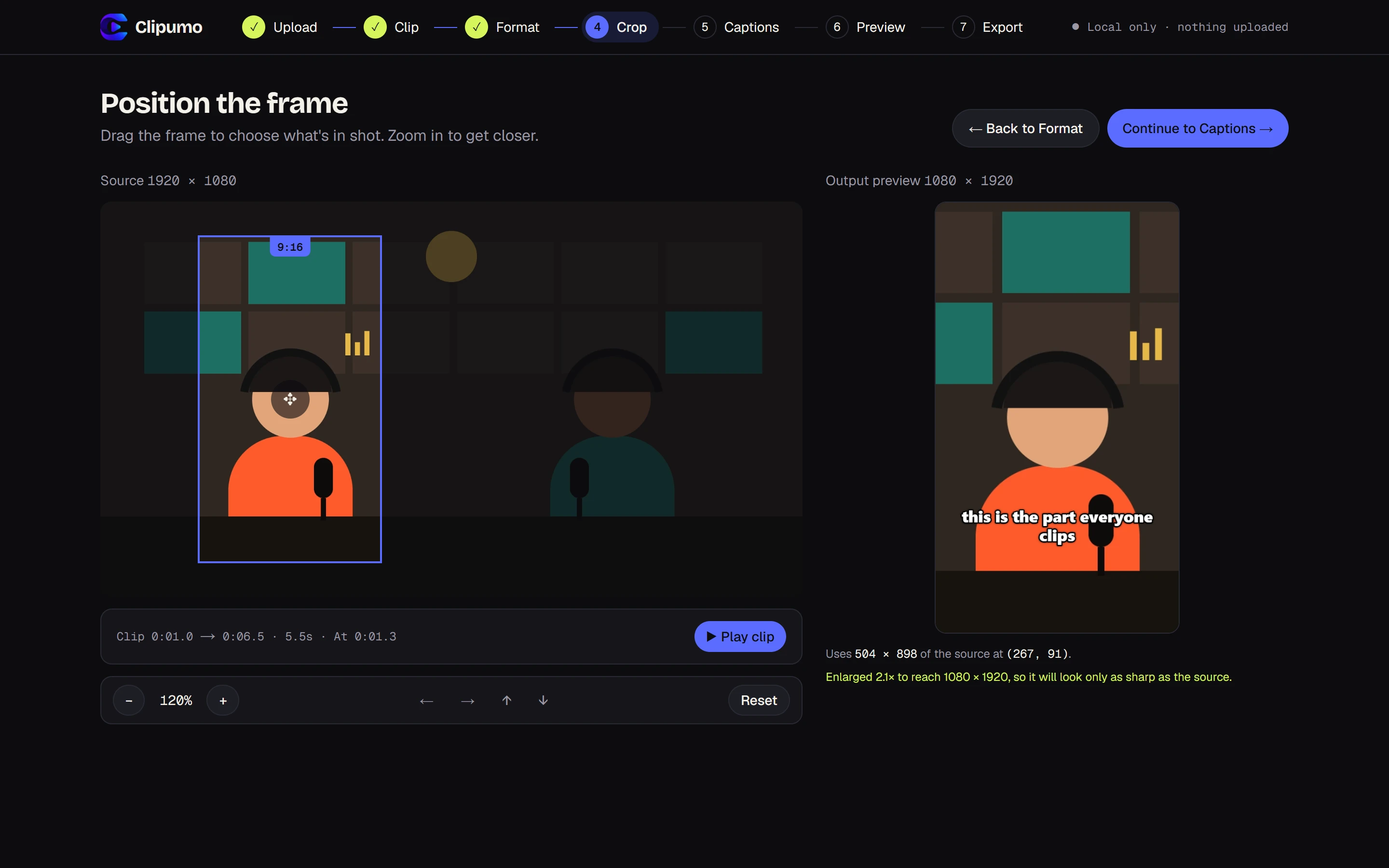 The Clipumo editor's Crop step: a 16:9 podcast video with an orange 9:16 frame over one speaker, and the live vertical output preview with a caption beside it.