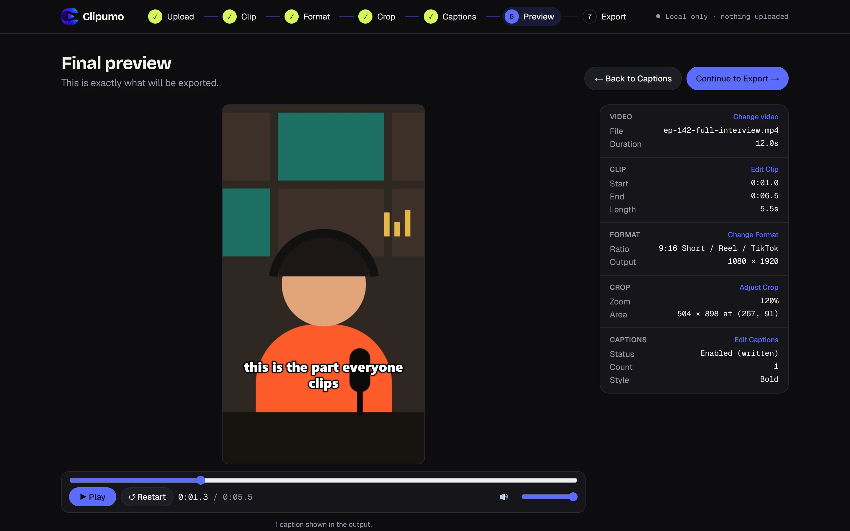 Final preview: vertical video with a caption, next to a summary of clip, format, crop and captions.